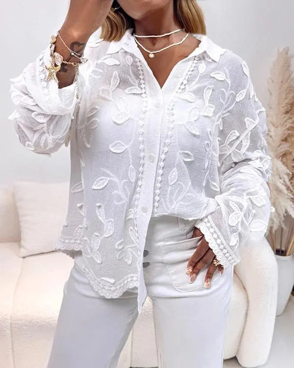 Turn-down Collar See Through Lace Embroidery Blouse Casual Loose Fit Jacquard Long Sleeve Shirt white