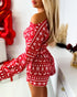 2 Pieces Lounge Set Cozy Christmas Pattern Cold Shoulder Long Sleeve Top and Casual Shorts Pajamas Set red