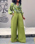 2 Pieces Outfit Abstract Print Cowl Neck Lantern Sleeve Stretchy Hem Crop Top and Casual Zipper Side Ruched Wide Leg Pants Set green