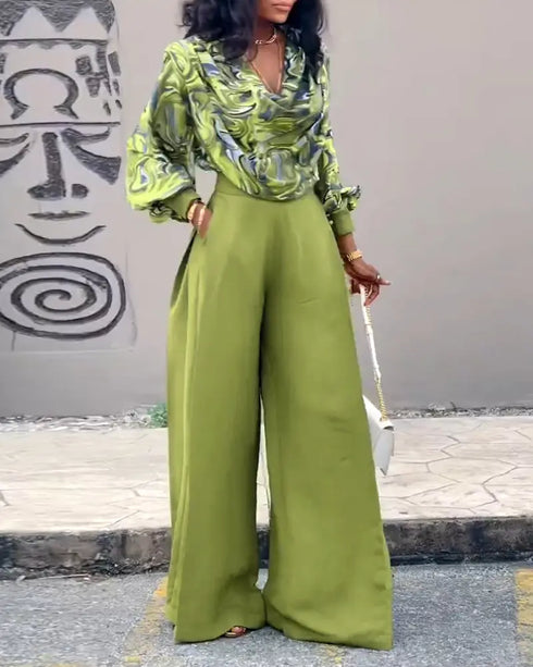 2 Pieces Outfit Multi-color All Over Print Cowl Neck Lantern Sleeve Stretchy Hem Loose Crop Top and Casual Elastic Back Waist Wide Leg Pants Set green
