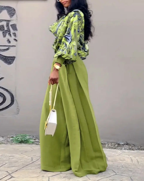 2 Pieces Outfit Abstract Print Cowl Neck Lantern Sleeve Stretchy Hem Crop Top and Casual Zipper Side Ruched Wide Leg Pants Set green