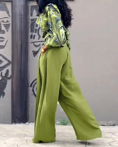 2 Pieces Outfit Abstract Print Cowl Neck Lantern Sleeve Stretchy Hem Crop Top and Casual Zipper Side Ruched Wide Leg Pants Set green