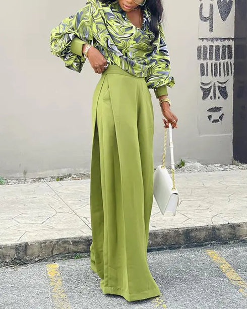 2 Pieces Outfit Floral Print Cowl Neck Lantern Sleeve Stretchy Hem Crop Top and Casual Elastic Back Waist Wide Leg Pants Set green