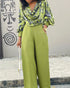 2 Pieces Outfit Multi-color All Over Print Cowl Neck Lantern Sleeve Stretchy Hem Loose Crop Top and Casual Elastic Back Waist Wide Leg Pants Set green
