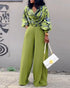 2 Pieces Outfit Floral Print Cowl Neck Lantern Sleeve Stretchy Hem Crop Top and Casual Elastic Back Waist Wide Leg Pants Set green