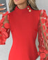 Floral Pattern Sheer Mesh Patch Casual Dress red