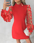 Floral Pattern Sheer Mesh Patch Casual Dress red