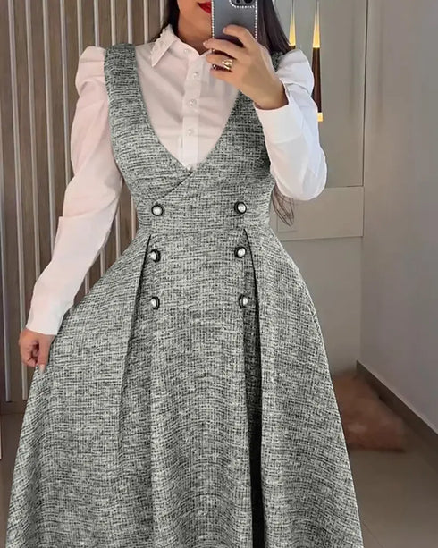 V-Neck Sleeveless Double Breasted Decor A Line Party Dress Causal Ziper Back Peplum Hem Commuting Dress light gray