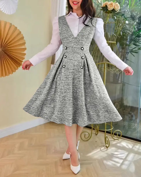 V-Neck Sleeveless Double Breasted Decor A Line Party Dress Causal Ziper Back Peplum Hem Commuting Dress light gray