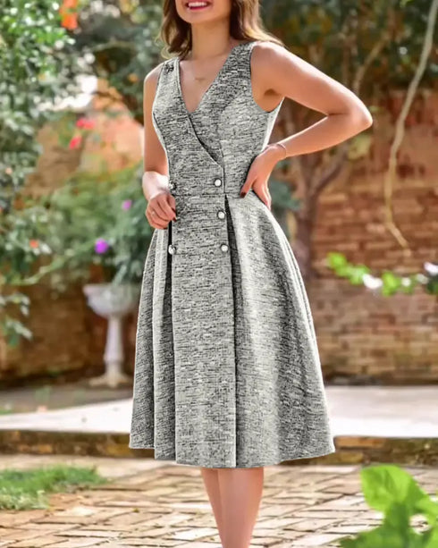 V-Neck Sleeveless Double Breasted Decor A Line Party Dress Causal Ziper Back Peplum Hem Commuting Dress light gray