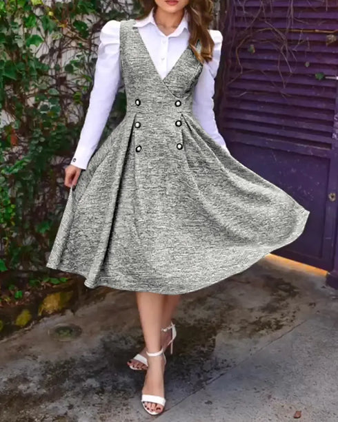 V-Neck Sleeveless Double Breasted Decor A Line Party Dress Causal Ziper Back Peplum Hem Commuting Dress light gray