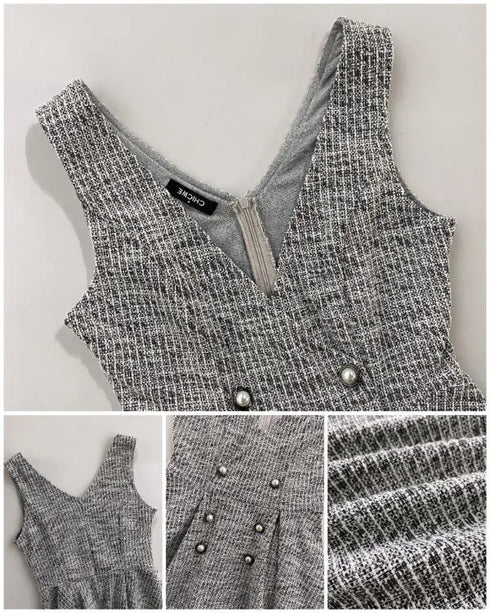 V-Neck Sleeveless Double Breasted Decor A Line Party Dress Causal Ziper Back Peplum Hem Commuting Dress light gray