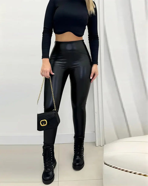 ChicMe CurveEase PU Leather Leggings High Waist Curved Fleece Lined Tights Casual Pants black