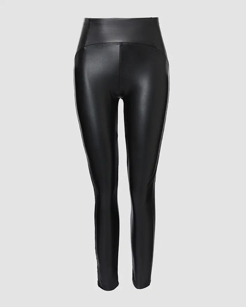 ChicMe CurveEase PU Leather Leggings High Waist Curved Fleece Lined Tights Casual Pants black