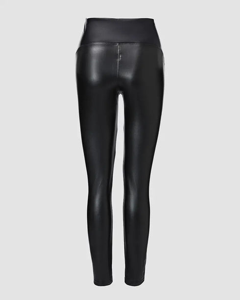 ChicMe CurveEase PU Leather Leggings High Waist Curved Fleece Lined Tights Casual Pants black