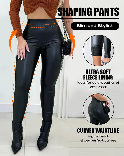 ChicMe CurveEase PU Leather Leggings High Waist Curved Fleece Lined Tights Casual Pants black