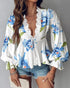 Floral Placement Print Deep V-Neck Contrast Lace Lantern Sleeve Flare Cuffs Blouse Casual Bow Tie Front Ruffle Hem Loose Top blue