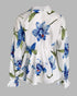 Floral Placement Print Deep V-Neck Contrast Lace Lantern Sleeve Flare Cuffs Blouse Casual Bow Tie Front Ruffle Hem Loose Top blue