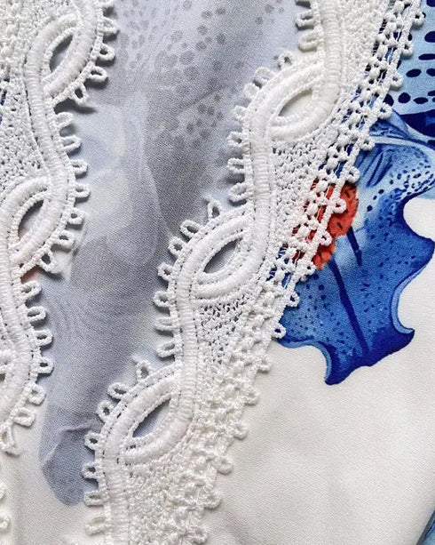 Floral Print Deep V-Neck Contrast Lace Flare Sleeve Bow Tie Front Blouse Casual Ruffle Hem Loose Top blue