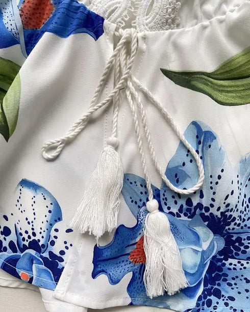 Floral Print Deep V-Neck Contrast Lace Flare Sleeve Bow Tie Front Blouse Casual Ruffle Hem Loose Top blue