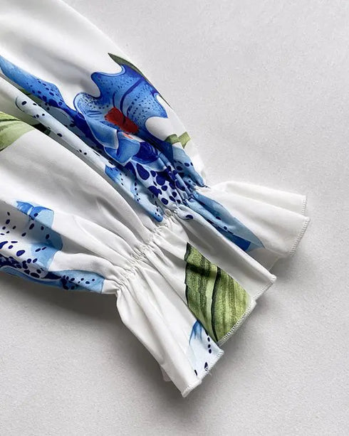 Floral Print Deep V-Neck Contrast Lace Flare Sleeve Bow Tie Front Blouse Casual Ruffle Hem Loose Top blue