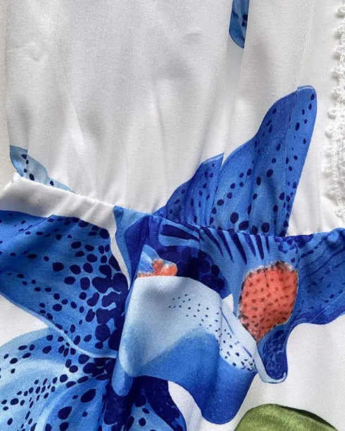 Floral Print Deep V-Neck Contrast Lace Flare Sleeve Bow Tie Front Blouse Casual Ruffle Hem Loose Top blue