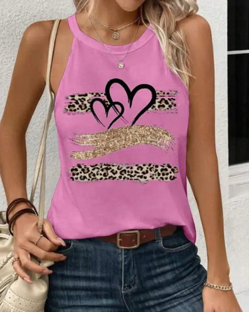 Leopard Print Heart Pattern Heart Sleeveless Tank Casual Loose Fit Top pink