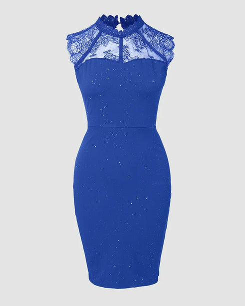 Pearls Decor Thick Strap Backless Slit Back Tank Dress Zipper Back Bodycon Dress With Belt blue