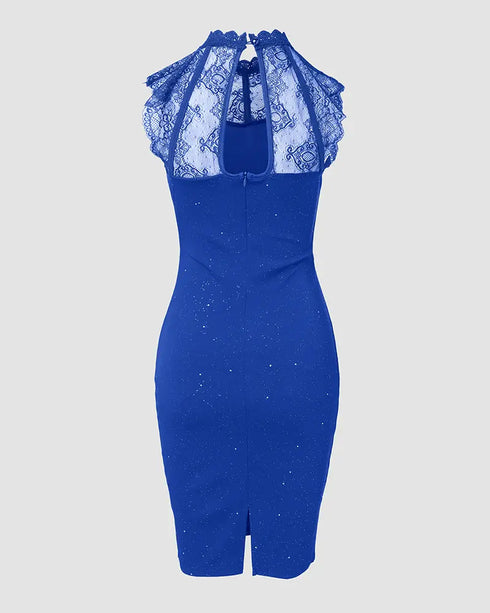 Halter Thick Strap Chic 3D Floral Dec Slim Fit Dress blue