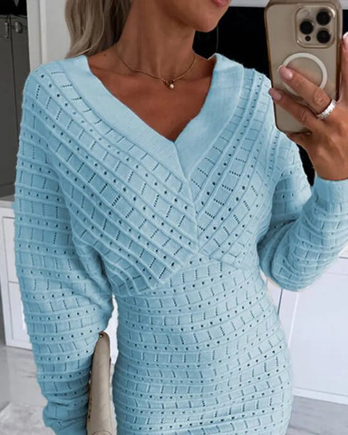 V-Neck Hollow Out Long Sleeve Knit Dress blue