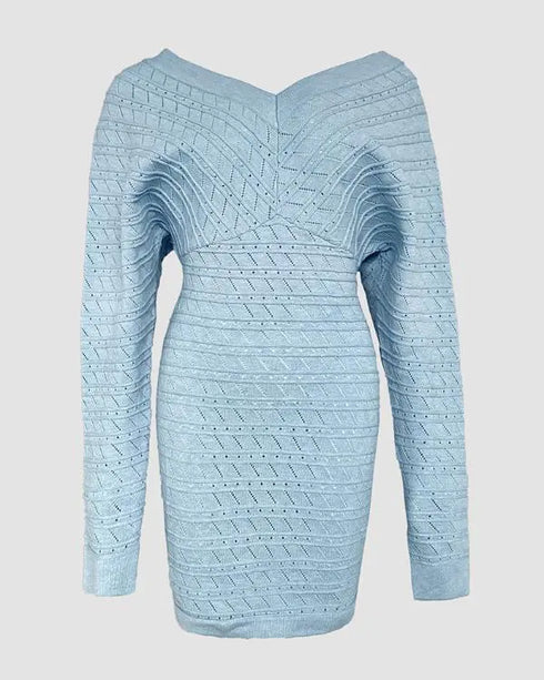 V-Neck Hollow Out Long Sleeve Knit Dress blue