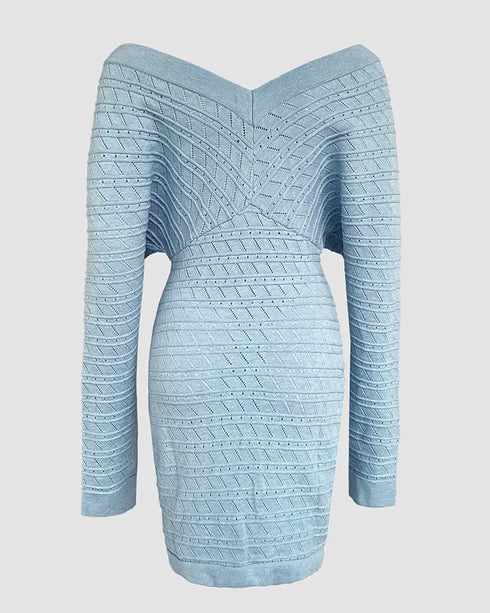 V-Neck Hollow Out Long Sleeve Knit Dress blue