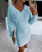 V-Neck Hollow Out Long Sleeve Knit Dress blue