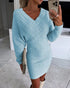 V-Neck Hollow Out Long Sleeve Knit Dress blue