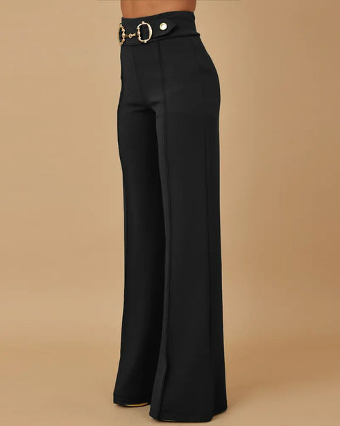 Metal Button Decor High Waist Casual Straight Leg Work Pants black