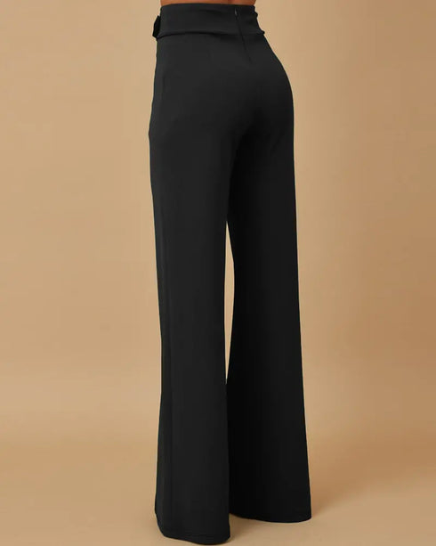 Metal Button Decor High Waist Casual Straight Leg Work Pants black