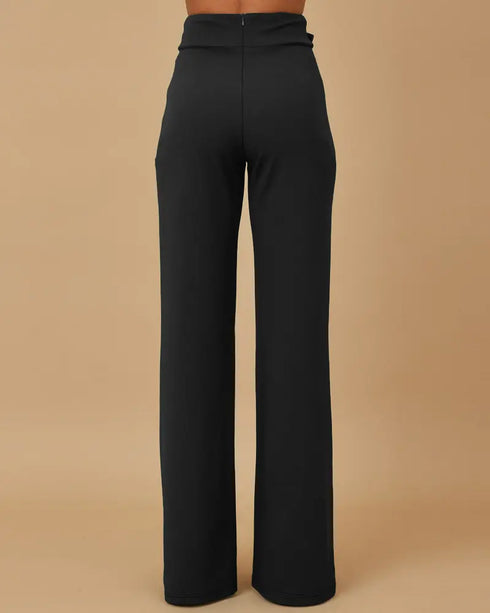 Metal Button Decor High Waist Casual Straight Leg Work Pants black
