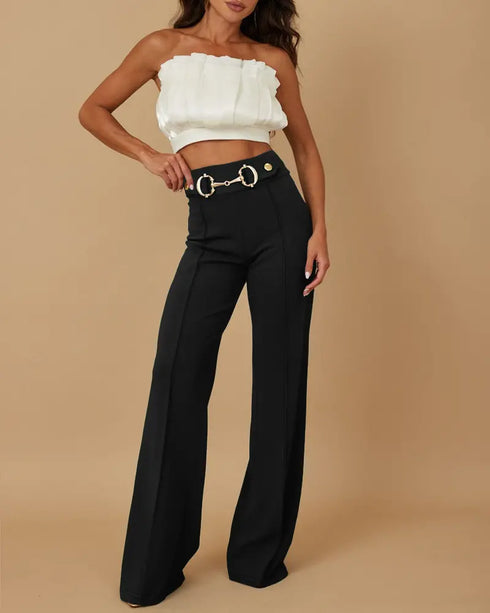 Metal Button Decor High Waist Casual Straight Leg Work Pants black