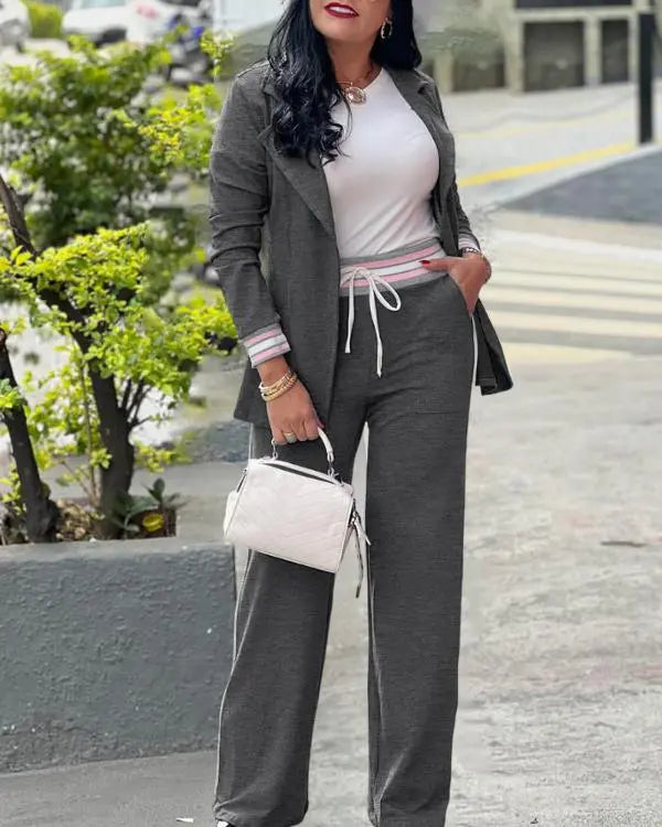 2PCS Striped Tape Patch Notched Collar Blazer & Stretchy Waist Straight Leg Pants Set Dark grey