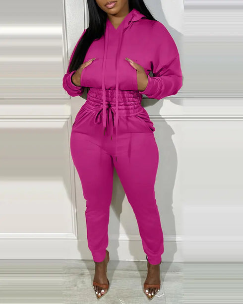 2 Pieces Outfit Drop Shoulder Kangaroo Pocket Stretchy Hem Crop Drawstring Hoodie Sweatshirt and Drawstring Elastic Waist Jogger Sweatpants Casual Tracksuit hot pink