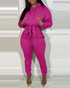 2 Pieces Outfit Drop Shoulder Kangaroo Pocket Stretchy Hem Crop Drawstring Hoodie Sweatshirt and Drawstring Elastic Waist Jogger Sweatpants Casual Tracksuit hot pink