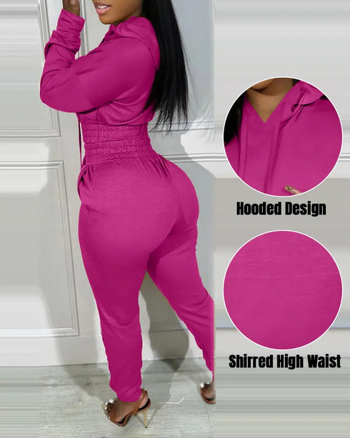 2 Pieces Outfit Drop Shoulder Kangaroo Pocket Stretchy Hem Crop Drawstring Hoodie Sweatshirt and Drawstring Elastic Waist Jogger Sweatpants Casual Tracksuit hot pink