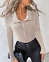 Crewneck Half Zipper Flap Detail Knit Sweater Long Sleeve Slim Fit Ribbed Pullover Top Apricot