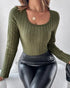 U-Neck Long Sleeve Ribbed Tops Fleece Lined Basic Layering Soft Thermal Tee (No Padding) Army green