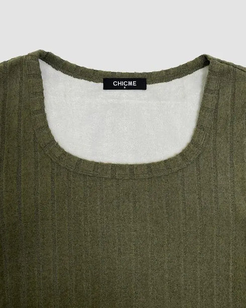 U-Neck Long Sleeve Ribbed Tops Fleece Lined Basic Layering Soft Thermal Tee (No Padding) Army green