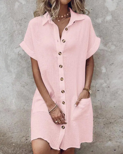 Turn-down Collar Short Sleeve Dress Casual Button Dress with Pocket pink