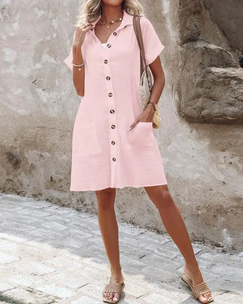 Turn-down Collar Short Sleeve Dress Casual Button Dress with Pocket pink