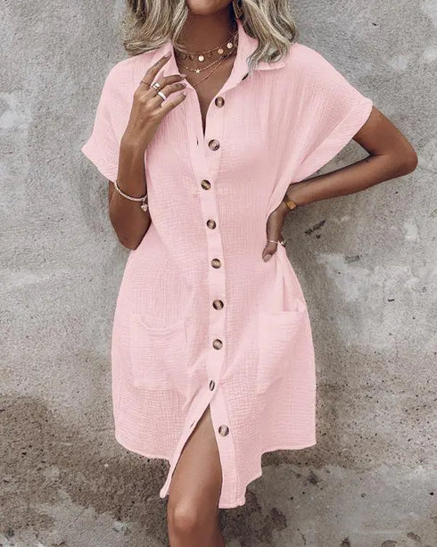 Turn-down Collar Short Sleeve Dress Casual Button Dress with Pocket pink