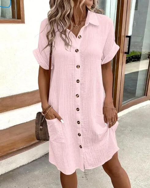 Turn-down Collar Short Sleeve Dress Casual Button Dress with Pocket pink