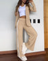 2 Piece Contrast Paneled Notched Collar Long Sleeve Coat Slit Straight Pants Work Pants Set khaki
